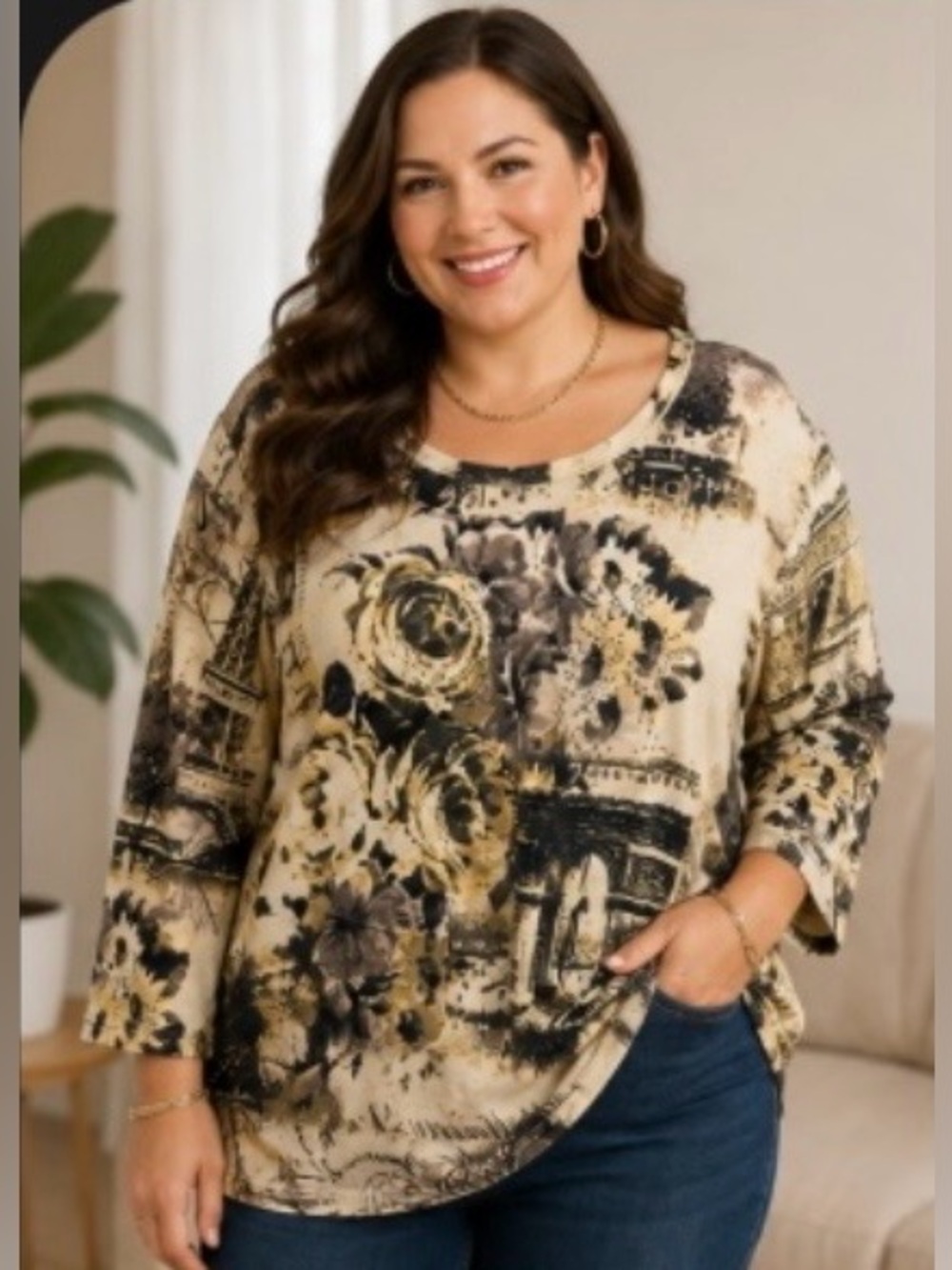 Onque Casual Plus Size 3XL Paris Graphic 3/4 Sleeve Top Blouse